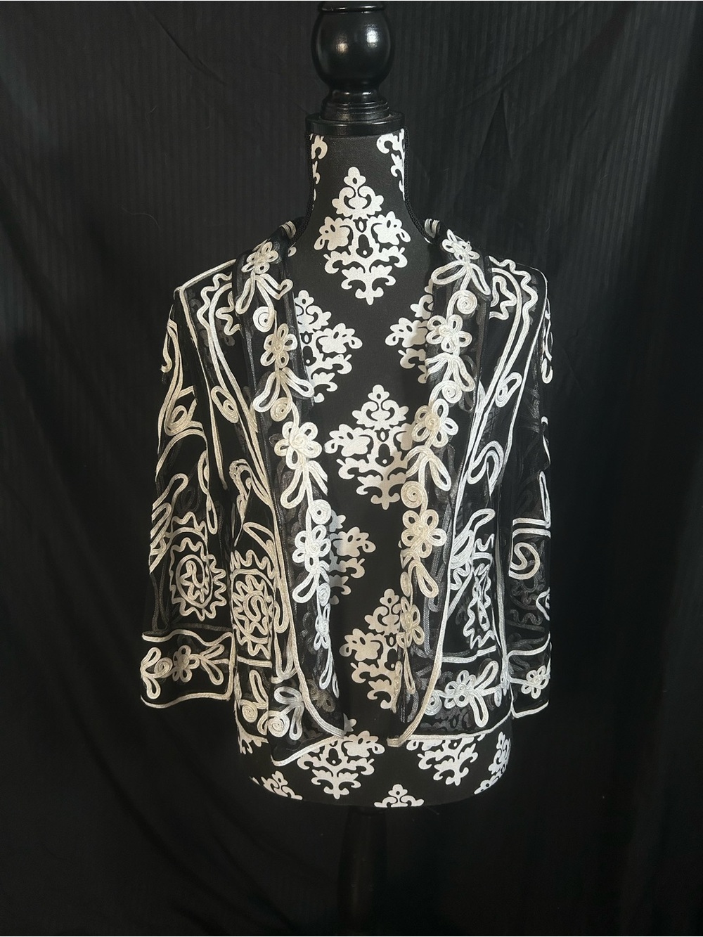 Black & White Embroidered Open-Front Jacket
